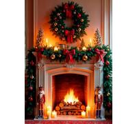 DePhoto 8X10FT Christmas Fireplace Backdrop Christmas Wreath Bow Background for Christmas Themed Party Decoration Vinyl