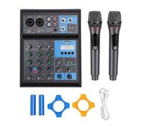 Depisuta 4 Channel DJ Audio Mixerwith Dual Wireless Microphones, Professional Sound Board DJ Mixing Console MP3 Bluetooth 48V Power USB Interface for PC Studio Recording