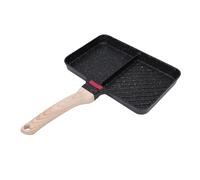 Depisuta Divided Grill Pan, Aluminum Alloy Nonstick Square Skillet 2 Section Versatile Breakfast Griddle Pan with Wooden Handle for Cooking Egg Steak Bacon, Induction Compatible (Style 2)
