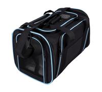 Depisuta Expandable Cat Carrier, Collapsible Airline Approved Soft Sided Portable Pet Travel Carrier with Removable Fleece Pad, Pockets, Steel Frame and Reflective for Small Animals (Black with Blue)