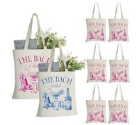 DEPOVTE 8 Pack Bridesmaid Tote Bags & Bachelorette Beach Bags-Reusable Canvas Bridesmaid Gift Bags for Wedding Day,Bridal Shower Essentials (7 Pink+1 Blue/Bach Theme)