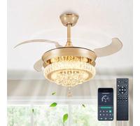 Depuley 36″ Crystal Ceiling Fan with Lights, Dimmable Chandelier Retractable Ceiling Fans, 6-Speed Invisible Blades Fan Light Ceiling for Bedroom Living Room Dining Room, App Control,Gold…