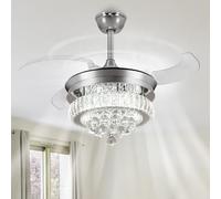 Depuley 36″ Crystal Ceiling Fan with Lights, Dimmable Chandelier Retractable Ceiling Fans, 6-Speed Invisible Blades Fan Light Ceiling for Bedroom Living Room Dining Room, App Control,Sliver…