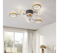 Depuley 37" Low Profile Ceiling Fan with Light, 6-Lights Flush Mount Ceiling Fan with Gold Ring and Clear Glass Globe Shade, Fandelier Fan Ceiling with Remote for Living Dining Room, 6 Speeds, Timing