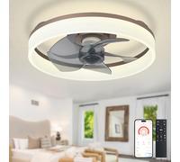 Depuley LED Ceiling Fan with Light: 16" Modern Low Profile Flush Mount Fandelier with App & Remote Control - Dimmable Brown Bladeless Fan Light Fixture for Bedroom Kids Room Living Room