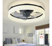 Depuley LED Ceiling Fan with Light: 16" Modern Low Profile Flush Mount Fandelier with App & Remote Control - Dimmable Black Bladeless Fan Light Fixture for Bedroom Kids Room Living Room