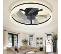 Depuley LED Ceiling Fan with Light: 20" Modern Low Profile Flush Mount Fandelier with App & Remote Control - Dimmable Black Bladeless Fan Light Fixture for Bedroom Kids Room Living Room