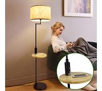 Depuley Modern Black LED Floor Lamp with Wooden Storage Shelf, 3000K Warm White, Builted-in USB Port Standing Reading Lamp, Eye-Caring LED Floor Pole Light for Living Room, Bedroom(9W E27 Bulb Incl)