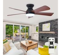 Depuley Modern Ceiling Fan with Light: 42-Inch Black Small Fans for Bedroom Indoor Outdoor - Dimmable Flush Mount Low Profile Ceiling Fans with Remote Control 5 Reversible Walnut Blades 6 Speeds Timer