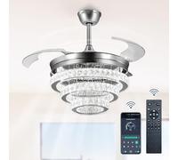 Depuley Modern Crystal Ceiling Fan with Lights, Invisible Blades Dimmable Ceiling Fan with Lamp, Retractable Crystal Chandelier Fan for Living Room Bedroom Kitchen,Remote Control, Sliver, 42Inch