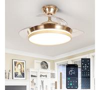 Depuley Retractable Ceiling Fans with Lights: 36 Inch Modern Chandelier Ceiling Fan with Remote & APP Control - Reversible Silent Smart Dimmable LED Fandelier for Living Room Bedroom Gold+ Wood Grain