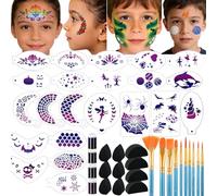 Depvision Reusable Face Paint Accessory Kit with 22 pcs Face Paint Stencils, 10 pcs Pro Brushes, 6 pcs Petal Sponges, 4 Pcs half Moon Sponges, 4 pcs Finger Sponges for Halloween, Party, Cosplay, Event