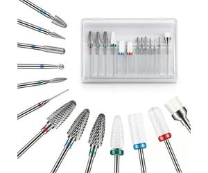 Depvko 13PCS Nail Drill Bits Set, Professional Efile Drill Bits, 3pcs Tungsten Carbide+ 3pcs Ceramic + 6pcs Cuticle Remove Bits+ 1pcs Brush, 3/32'' Art Tool Kit Safety Bits for Nail Drill for Manicure