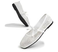 DEQIN Women's Black Lace Sequin Ballet Flats, Square Toe, Bow Tie Ribbon, White, 5 UK