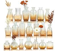 Der Rose 20pcs Glass Bud Vases, Amber Vases for Wedding Home Decorations | Warm amber glow, vintage etched patterns, thick sturdy glass, rich fall tones, wedding table centerpiece home decor