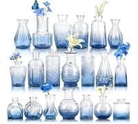 Der Rose 20pcs Glass Bud Vases, Blue Vases for Wedding Home Decorations | Soft blue gradient, translucent glass, vintage etched patterns, thick sturdy build, wedding table centerpiece home decor