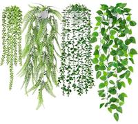 Der Rose 4 Pack Fake Plants Hanging with Pots Artificial Ivy Vine Faux Eucalyptus Hanging Plant, Boston Fern, String of Pearls for Home Room Wall Shelf Indoor Outdoor Decor(White Pots)