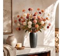 Der Rose Artificial Chrysanthemum Pompon Flowers with Vase for Autumn Decor | 18 Stems Autumn Flowers Artificial with Eucalyptus 1 Black Vase Trimmable and Adjustable for Home Table Centerpiece Decor