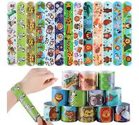 Deratta 30 PCs Safari Animals Slap Bands Jungle Theme Party Bag Fillers Slap Bracelets for Kids' Party Favours Animal Snap Bands for Kids