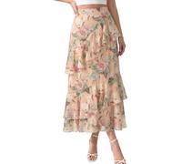 DERAX Women's Boho Flowy White Maxi Skirt Flared Ruffle Elastic Waist Summer A Line 2026 Spring Long Skirts, Apricot a, M