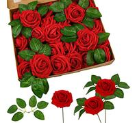 DERAYEE 25 PCS Artificial Roses, Foam Roses Flowers DIY Flower for Wedding Bridal Bouquets Home Party Garden Decorations (Crimson)