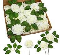 DERAYEE 25 PCS Artificial Roses, Foam Roses Flowers DIY Flower for Wedding Bridal Bouquets Home Party Garden Decorations (Cream)
