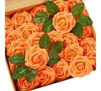 DERAYEE 25 PCS Artificial Roses, Foam Roses Flowers DIY Flower for Wedding Bridal Bouquets Home Party Garden Decorations (Orange)