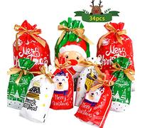DERAYEE 34 Pieces Christmas Drawstring Gift bags, Xmas Goody Bags Assorted Wrapping Bags for Party Favors