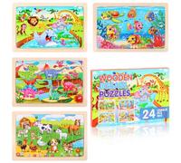 DERAYEE 4 Wooden Jigsaw Puzzles Set, 24 Pieces Animal World Gift Box Jigsaw Puzzle Educational Toys for Kids Age 3 Years Up