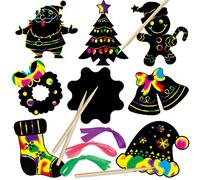 DERAYEE 48 Sheets Christmas Scratch Art Crafts Black Magic Scratch Art Notes Paper Boards with 12pcs Wood Stylus and 48pcs Elastic Cords for Kids Christmas Party Favors