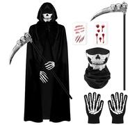 DERAYEE Halloween Grim Reaper Costume, Costume Grim Reaper with Cape Hood Gloves Mask Scythe Wound Tattoo Sticker Set for Halloween Carnival Cosplay Party (90 cm S)