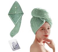 Derbway Dry Hair Towel, Microfiber Super Absorbent Quickly Dry Hair Turban Towel with 2 Buttons to Adjust Tightness, with a Free Adhesive Hook (Green)