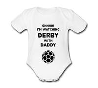 DERBY Shhh! I'm watching with Daddy Mummy Grandad Unique Football Babygrow Cute Personalised Funny Baby Vest Grow Boys Girls Unisex Gift Babygrow Bodysuit COUNTY