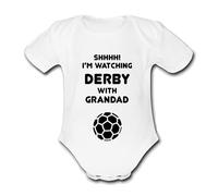 DERBY Shhh! I'm watching with Daddy Mummy Grandad Unique Football Babygrow Cute Personalised Funny Baby Vest Grow Boys Girls Unisex Gift Babygrow Bodysuit COUNTY