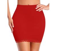 DERCA Half Slips for Women Under Dress Non Cling Lace Trim Slip Skirt Above Knee Underskirt for Dresses, Red, Large