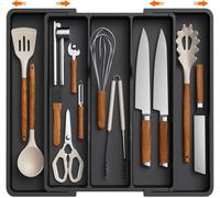 DERDOUT cutlery drawer organizer, knife and fork, kitchen expandable large cutlery tray, adjustable silverware cutlery rack, plastic kitchen shovel tool and small tool storage divider (Black)