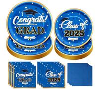 Dereinwo 200 Pcs Graudtion Plates and Napkins 2025 with Gold Foil Graduation Party Supplies Blue and Gold Plates and Napkis Luncheon Napkins Cocktail Napkins for Congrats Grad Party Decorations