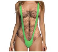 Deresagrl One Piece Swimsuits for Women Hairy Chest Bathing Suit Funny Novelty Fake Muscles Beachwear Borat Swimsuit, Green Borat 1, Large