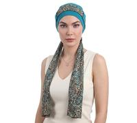 Deresina EmpowerWrap Headscarf for Women - Bamboo Cap with Scarf for Hair Loss, Breathable Chemo Headwear for Sensitive Scalps, Full Coverage, One Size (Teal Pattern 2)