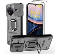 DERHAN Case for POCO F7 Ultra 5G, Scratch Resistant Case with Tempered Glass [2 Pieces] + Lens Cap [Protects Camera], Shockproof Case Cover Bumper with Ring Stand - Black