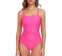 Deriwone One Piece Swimsuit Ruched Tummy Control Swimming Costume Round Neck Swimwear Padded Adjustable Straps Bathing Suits S,Rose