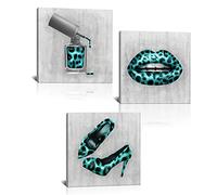 Derkymo 3 Pieces Fashion Lips Canvas Wall Art Teal Leopard Print Pictures Modern Artwork for Bedroom Salon Decoration Stretched and Framed Ready to Hang Each Piece 12"x12"