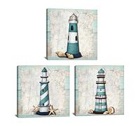 Derkymo 3 Pieces Nautical Decor for Wall Lighthouse Ocean Canvas Paintings Sea Picture Vintage Artwork Framed Rustic Home Decor Ready to Hang for Bathroom Bedroom 12"x12"x3pcs