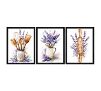 Derkymo Kitchen Canvas Wall Art, Rustic Lavender Floral Prints with Wood Frame, Ready to Hang 12x16 Inch, Set of 3