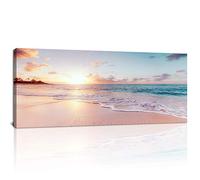 Derkymo Seascape Wall Art Pink Beach Sunrise White Wave Pictures Print Canvas Wall Art Modern Stretched Seaview Landscape Artwork for Home Office Decorations 16"x40"