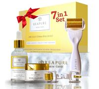 Derma Roller Kit Stainless Steel - Microneedle Roller with Replacement Heads for Face & Body Full Size 24K Gold Cream, 25% Vitamin C Hyaluronic Serum Anti Aging Micro Needler Face Roller Set Men/Women