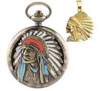 DerMacht American -Theme Statue of Liberty, Eagle, Native Americans Pocket Watch with 3D 250th Anniversary Handmade Bronze, Aa. Native Americans With Golden Necklace Pendant, Bronze