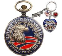 DerMacht American -Theme Statue of Liberty, Eagle, Native Americans Pocket Watch with 3D 250th Anniversary Handmade Bronze, Ae. Eagle Flag USA with Handmade Keychain, Bronze, Retro