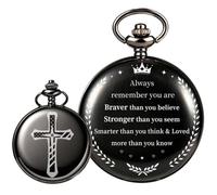 DerMacht Engraved Pocket Watch - Engraving Braver and Stronger Quartz Pocket Watches with Chain Analog Meaningful Cross American Flag Pattern Birthday Gifts Christmas Graduation Father's Day, Black