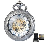 DerMacht Mechanical Pocket Watch, for Men Women Special Magnifier Half Hunter Engraved Case Roman Numerals with Chain, Ae. Silver Blue + Wooden Box
